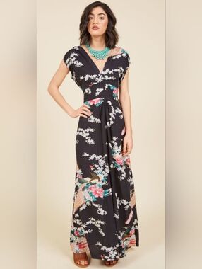 Ruby Rocks Black Floral Peacock V-Neck Maxi Dress